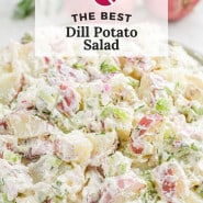 Potato salad, text overlay reads "the best dill potato salad."