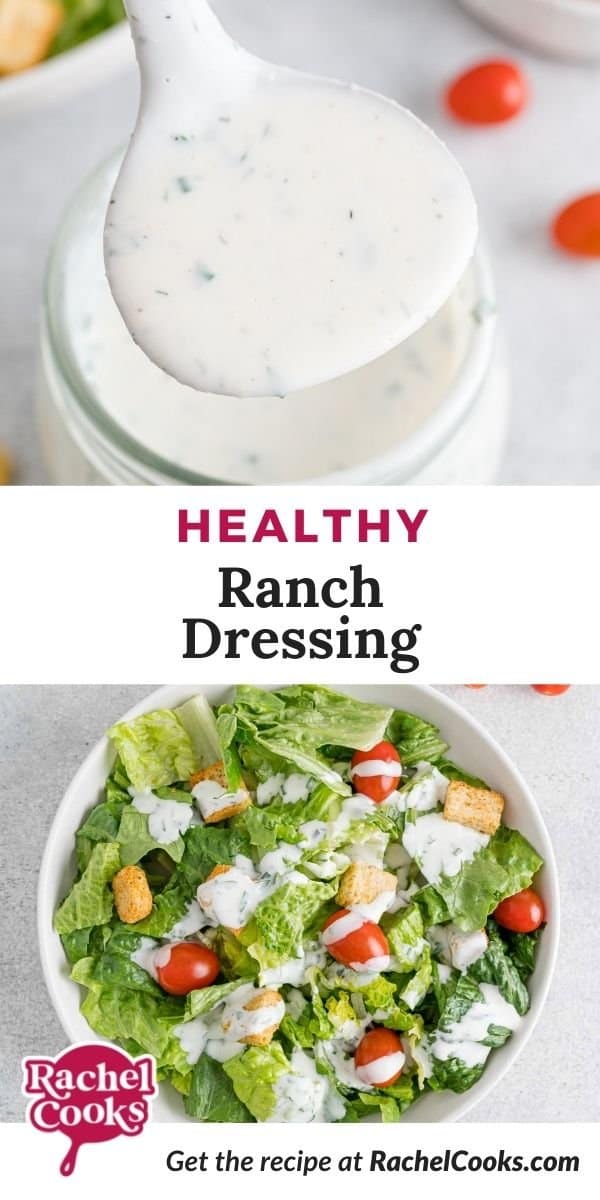 Creamy dressing, text overlay reads "healthy ranch dressing."