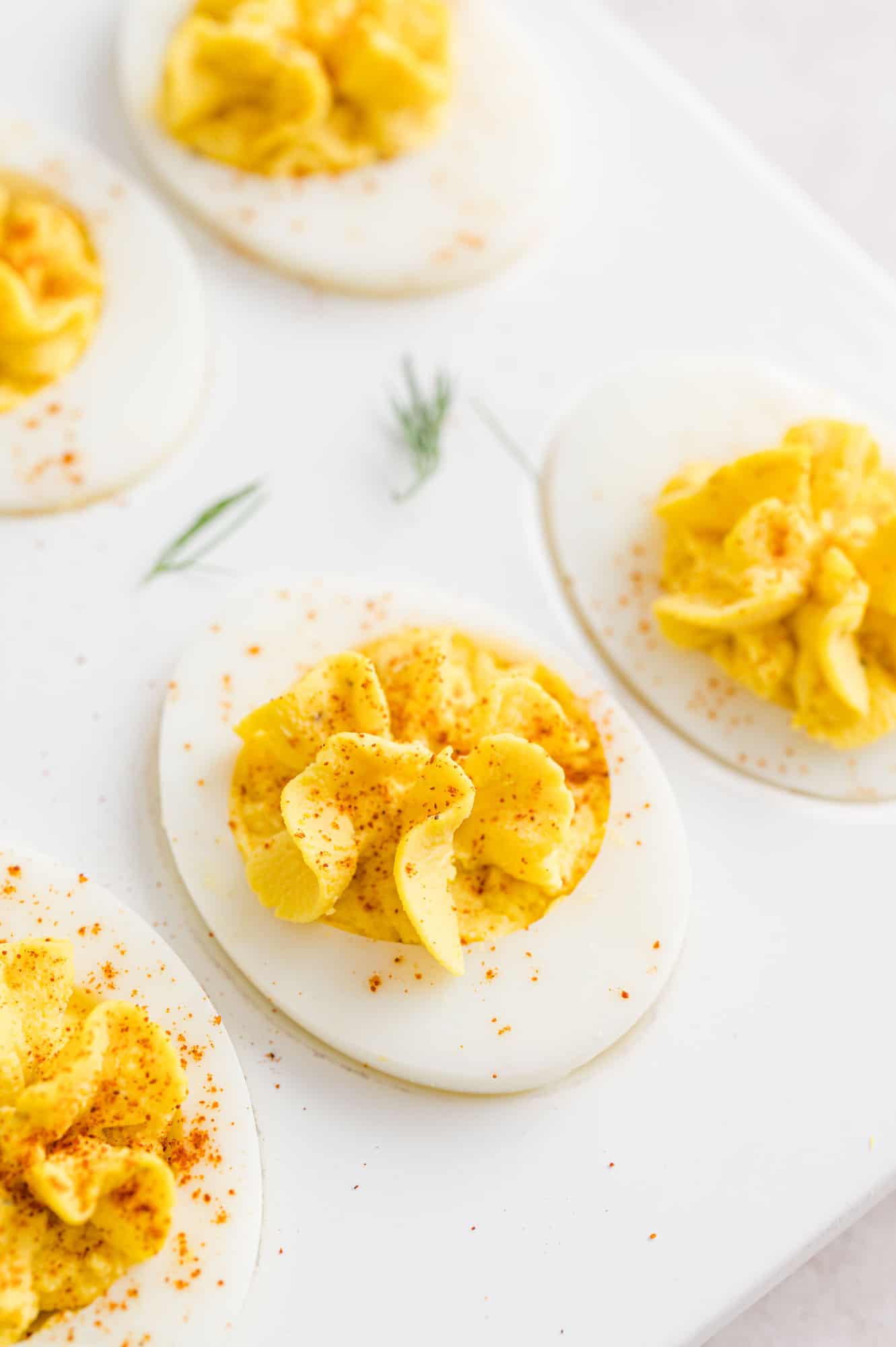 Classic deviled eggs on a platter.