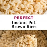 Rice, text overlay reads "perfect instant pot brown rice."