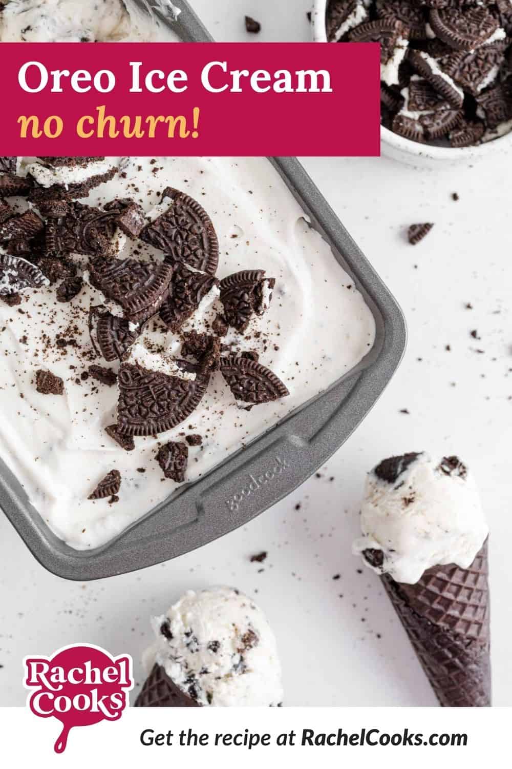 Ice cream, text overlay reads "oreo ice cream - no churn!"