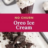 Ice cream, text overlay reads "no churn oreo ice cream."