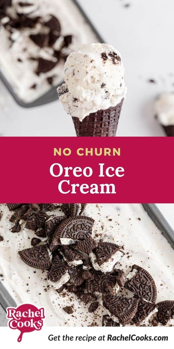 Ice cream, text overlay reads "no churn oreo ice cream."