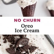 Ice cream, text overlay reads "no churn oreo ice cream."