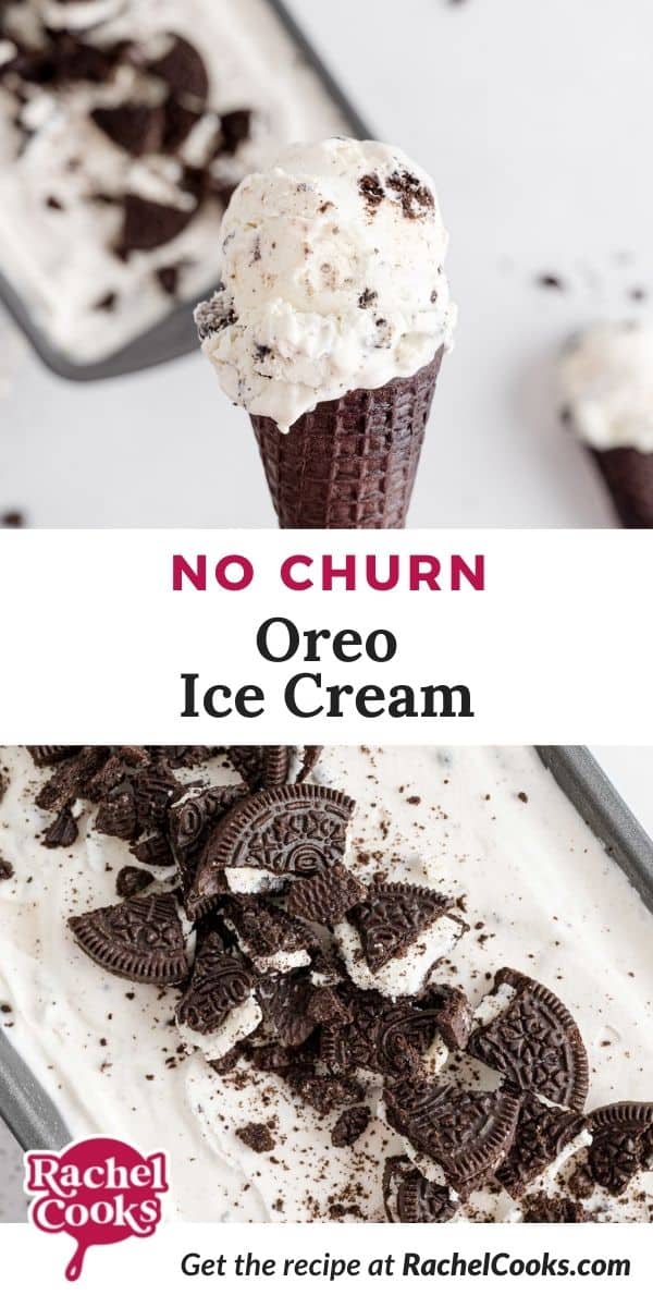 Ice cream, text overlay reads "no churn oreo ice cream."