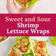 Lettuce wraps, text overlay reads "sweet and sour shrimp lettuce wraps."