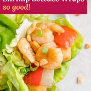 Lettuce wraps, text overlay reads "sweet and sour shrimp lettuce wraps - so good."
