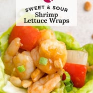 Lettuce wraps, text overlay reads "sweet and sour shrimp lettuce wraps."