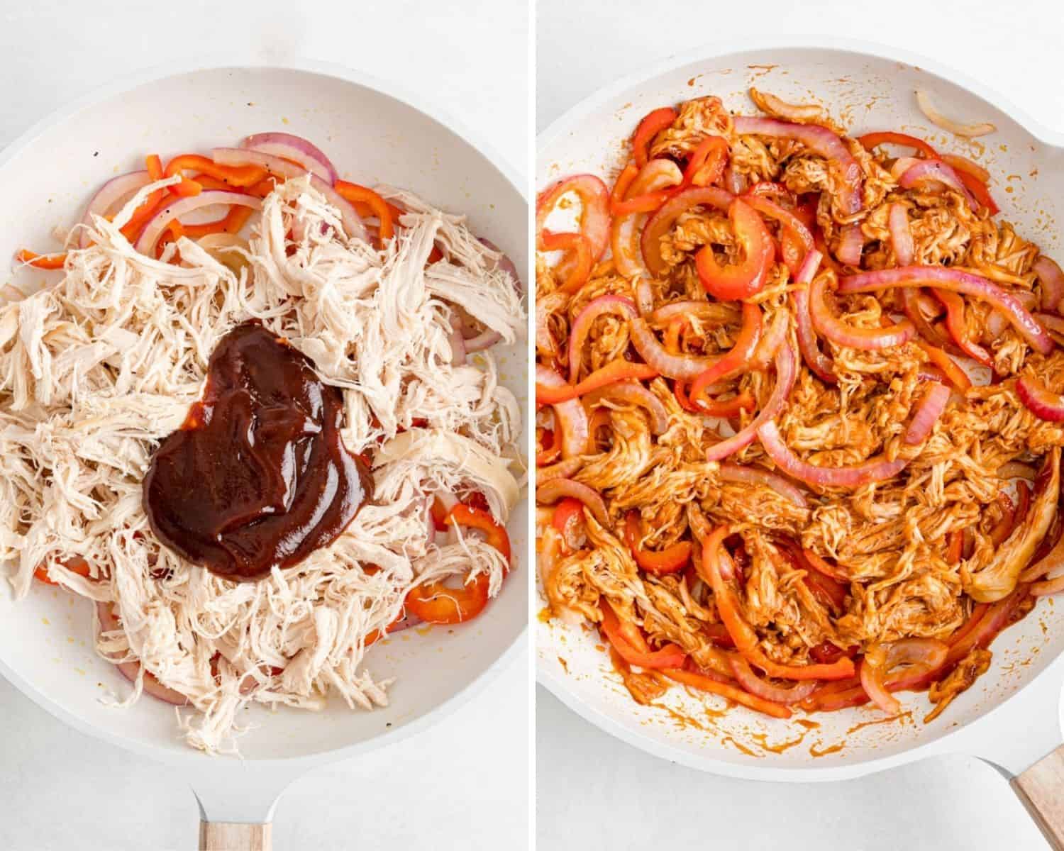 Chicken and peppers before and after being mixed with bbq sauce.