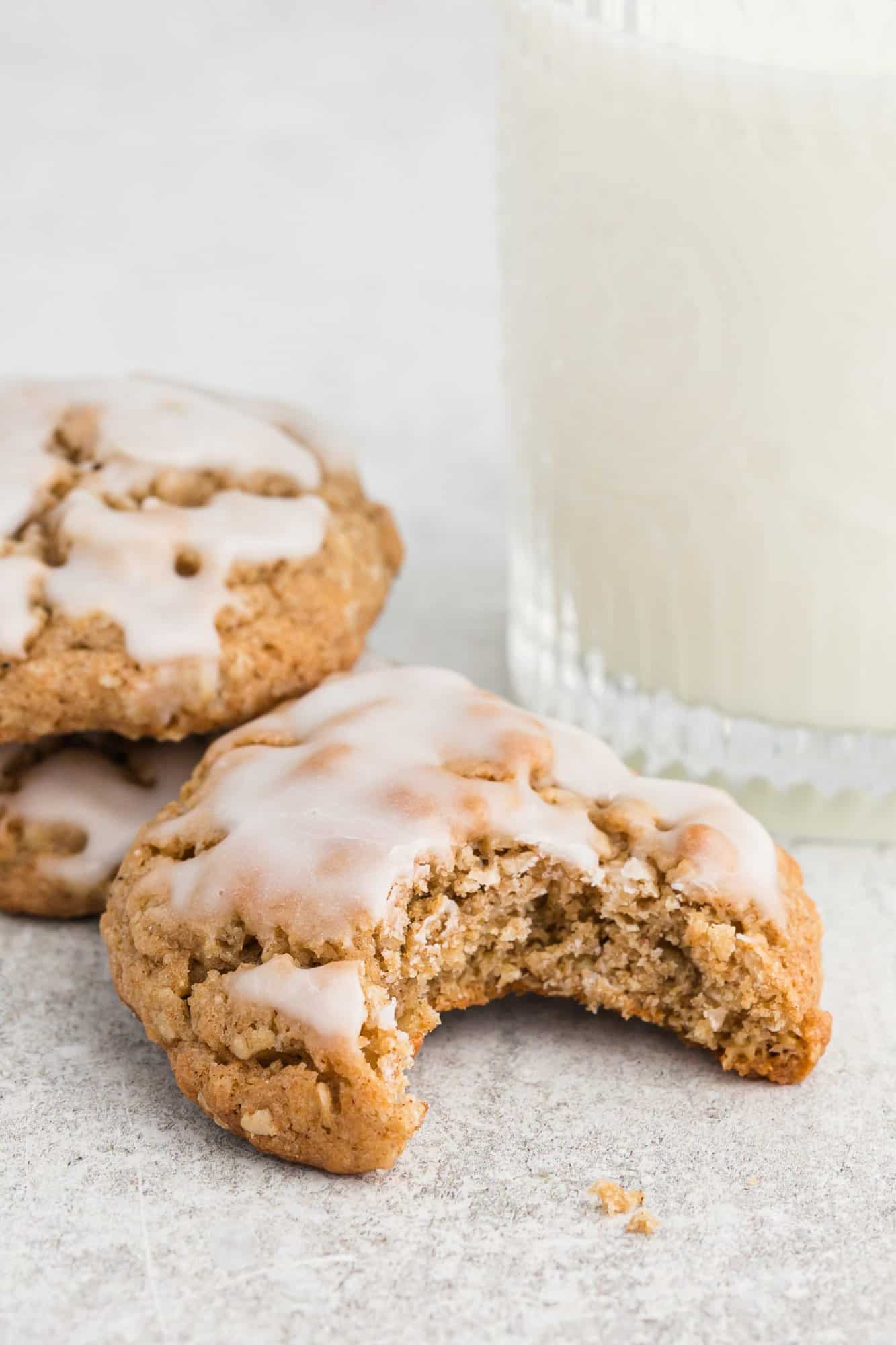 Oatmeal cookie with a bite out of it.