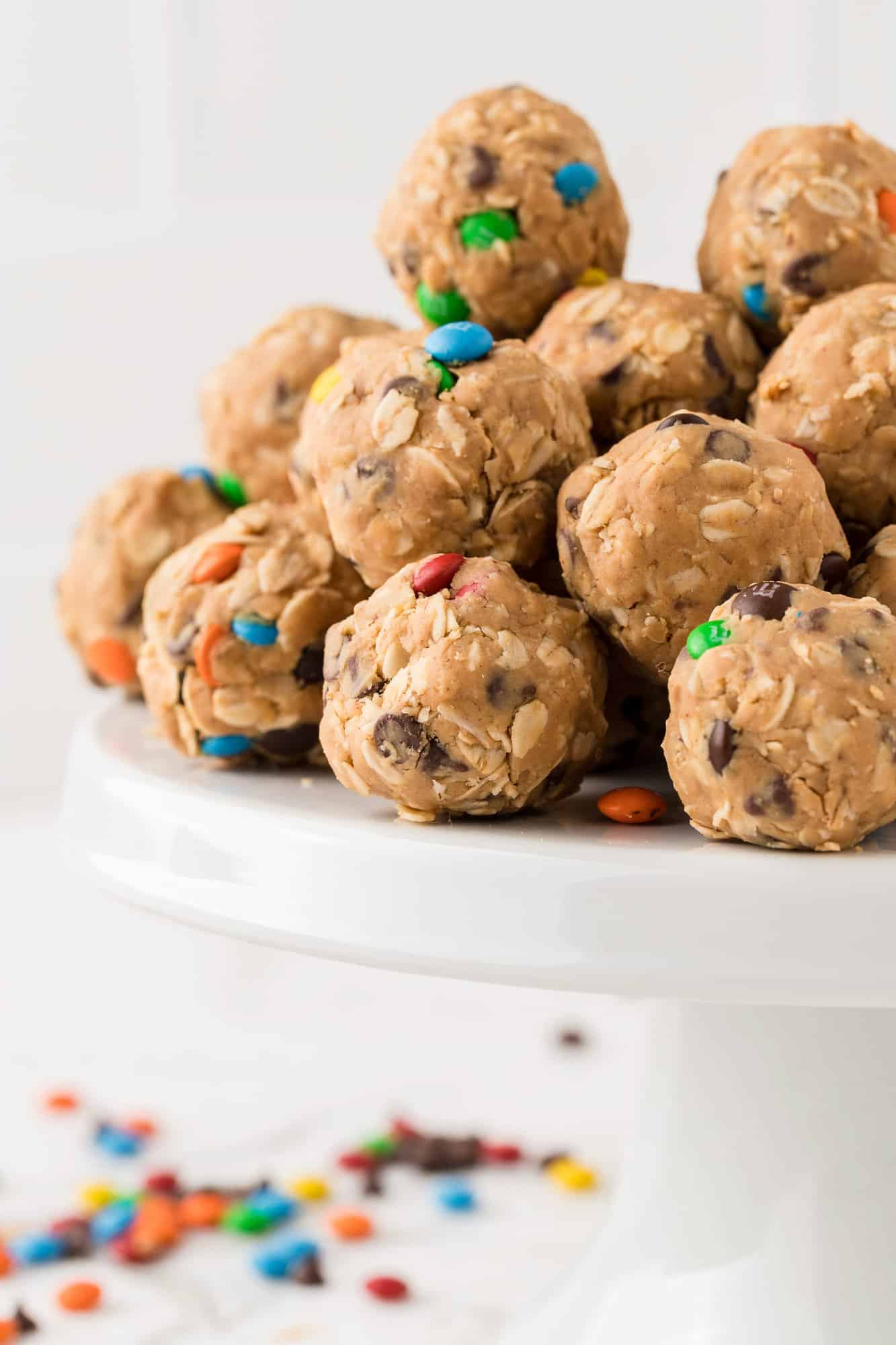 Energy balls piled on a cake stand.