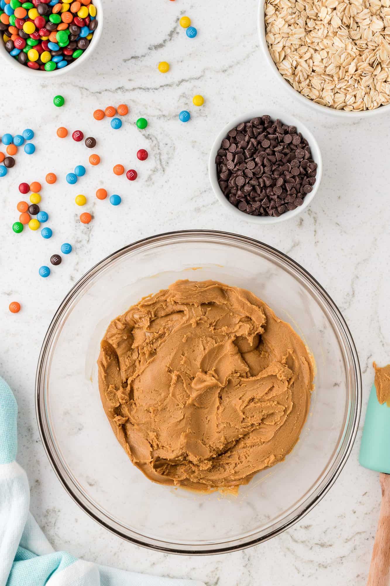 Peanut butter mixture in mixing bowl.