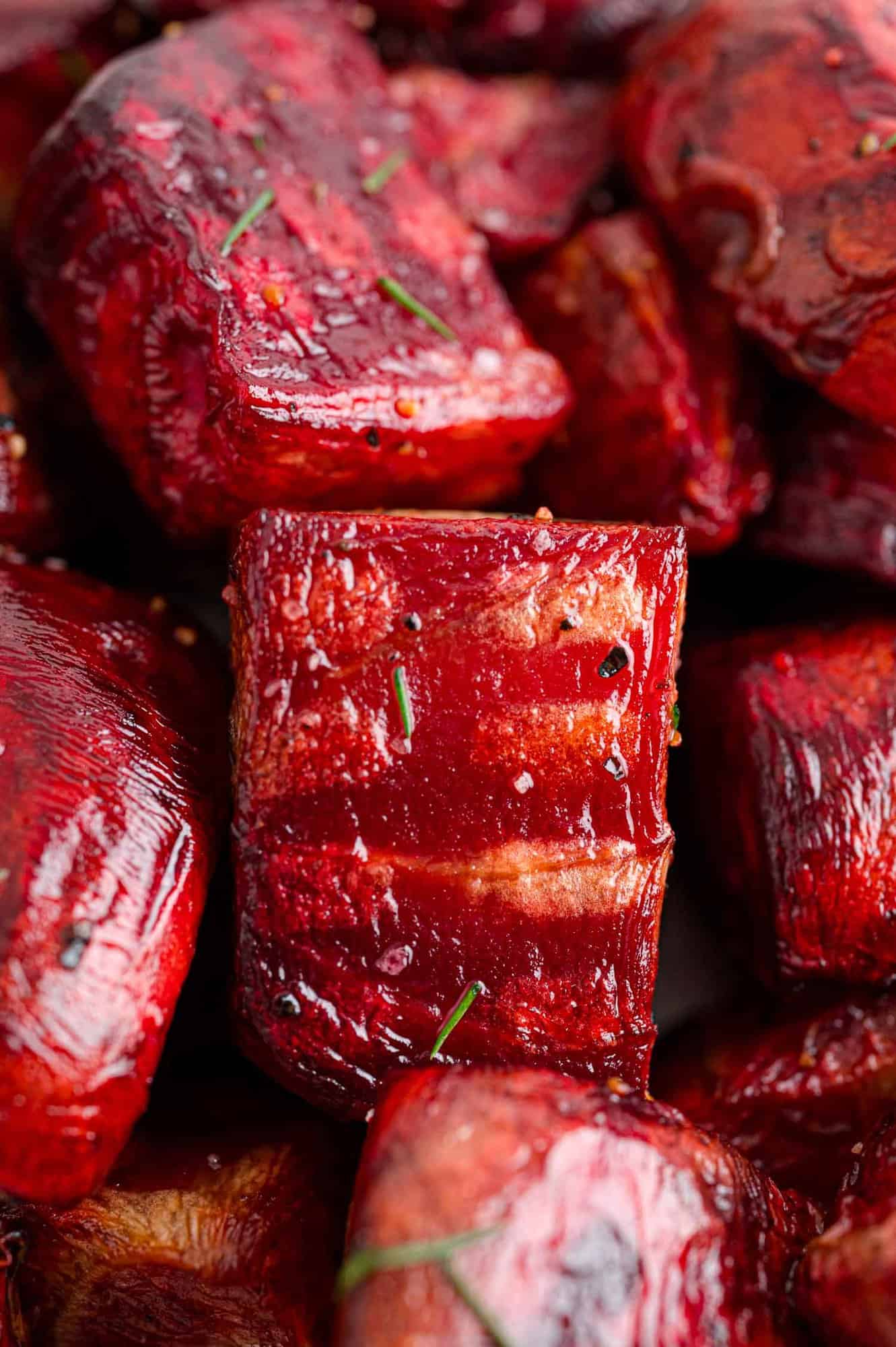 Air fried beets, close up.