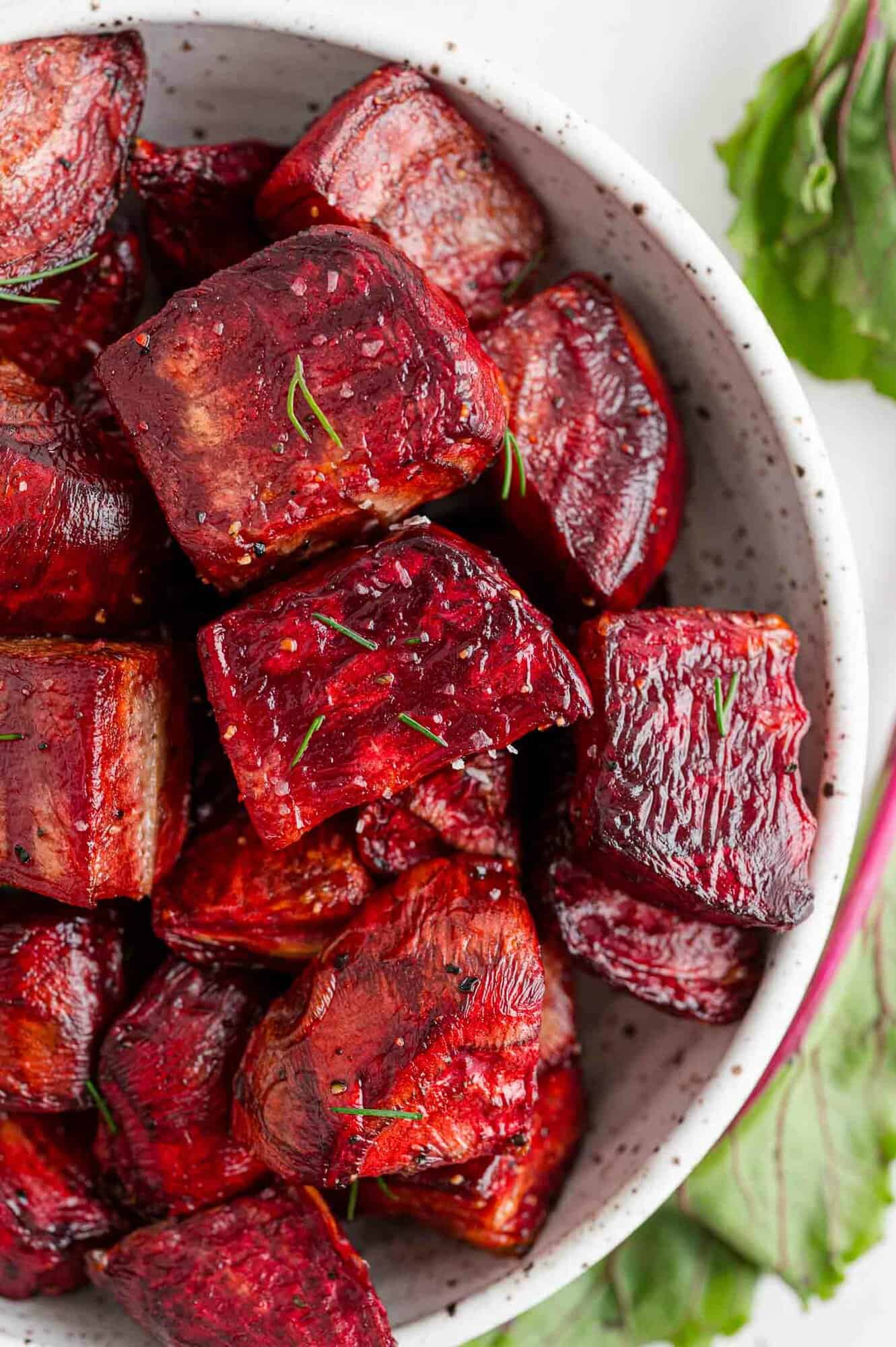 Air fried beets in a white bowl.