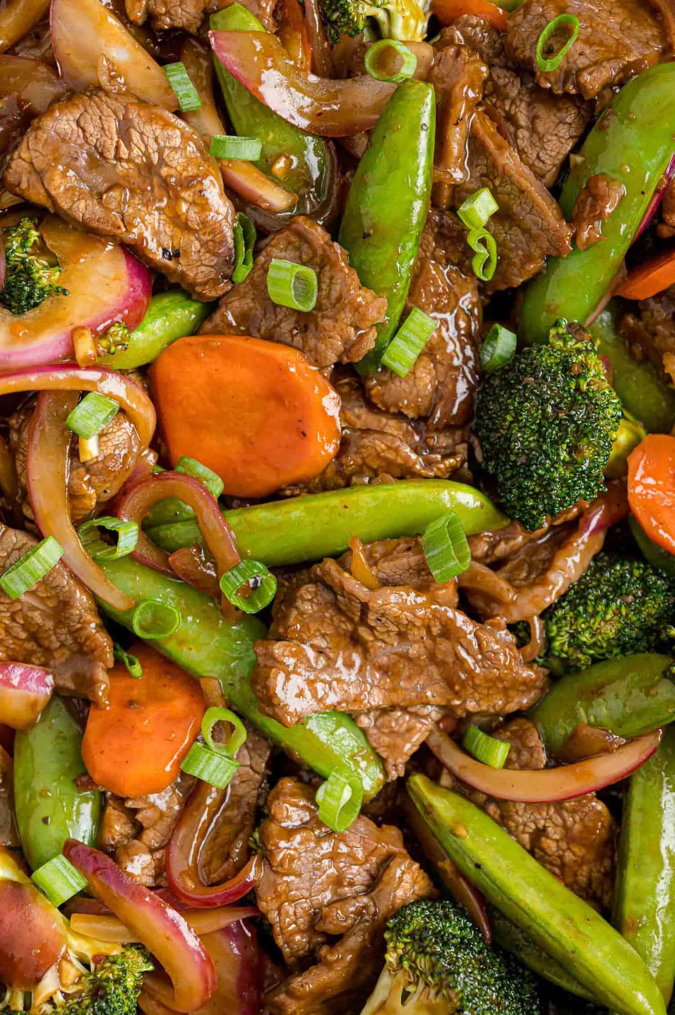 Beef and vegetable stir fry filling the frame.