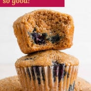 Muffins, text overlay reads "blueberry bran muffins - so good."