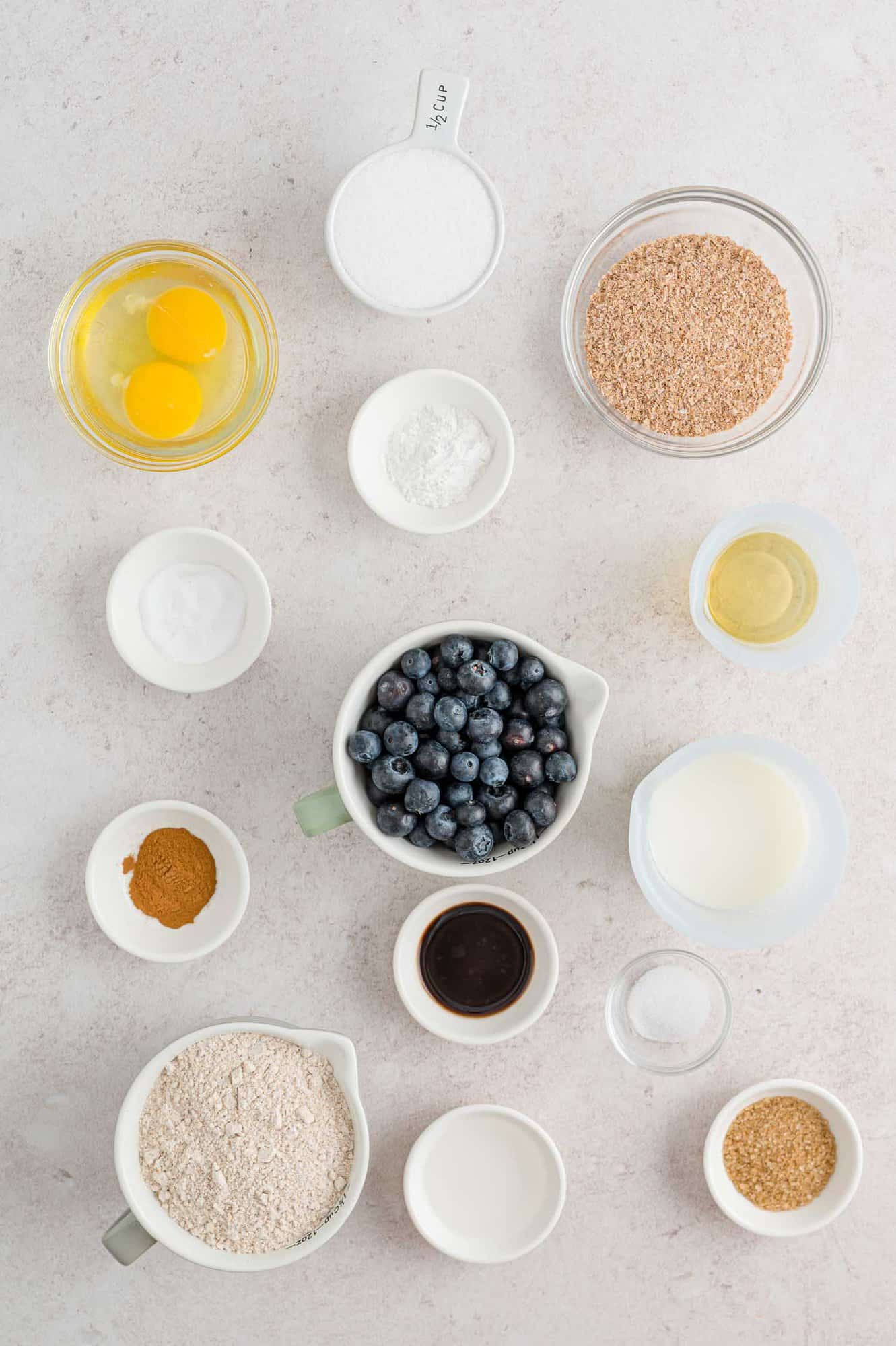 Ingredients needed for recipe, including blueberries and wheat bran.