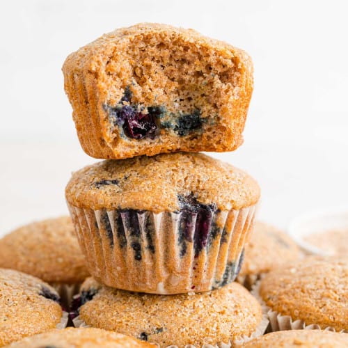 Stack of blueberry bran muffins.