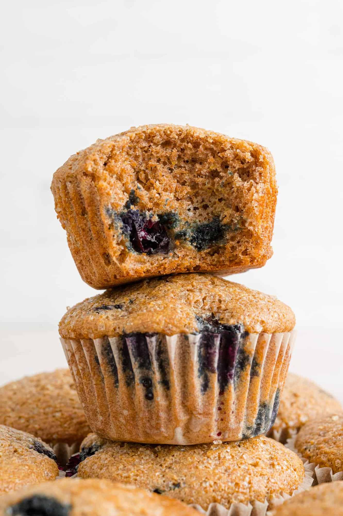 Stack of blueberry bran muffins.