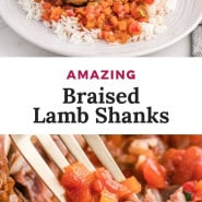 Lamb, text overlay reads "amazing braised lamb shanks."
