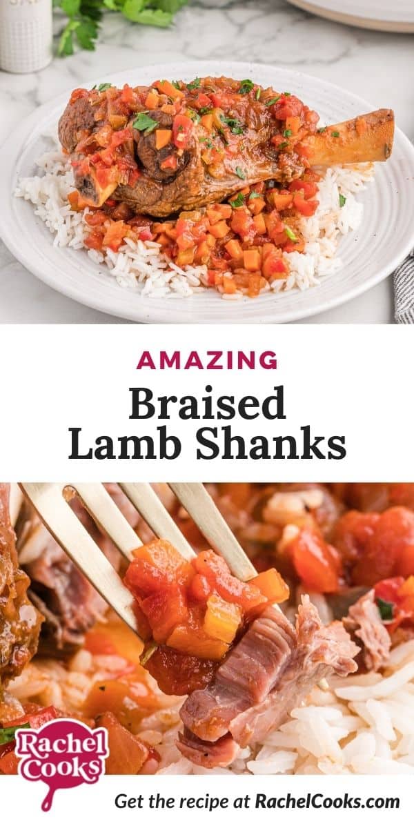 Lamb, text overlay reads "amazing braised lamb shanks."
