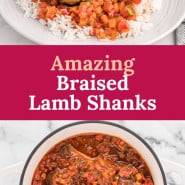 Lamb, text overlay reads "amazing braised lamb shanks."