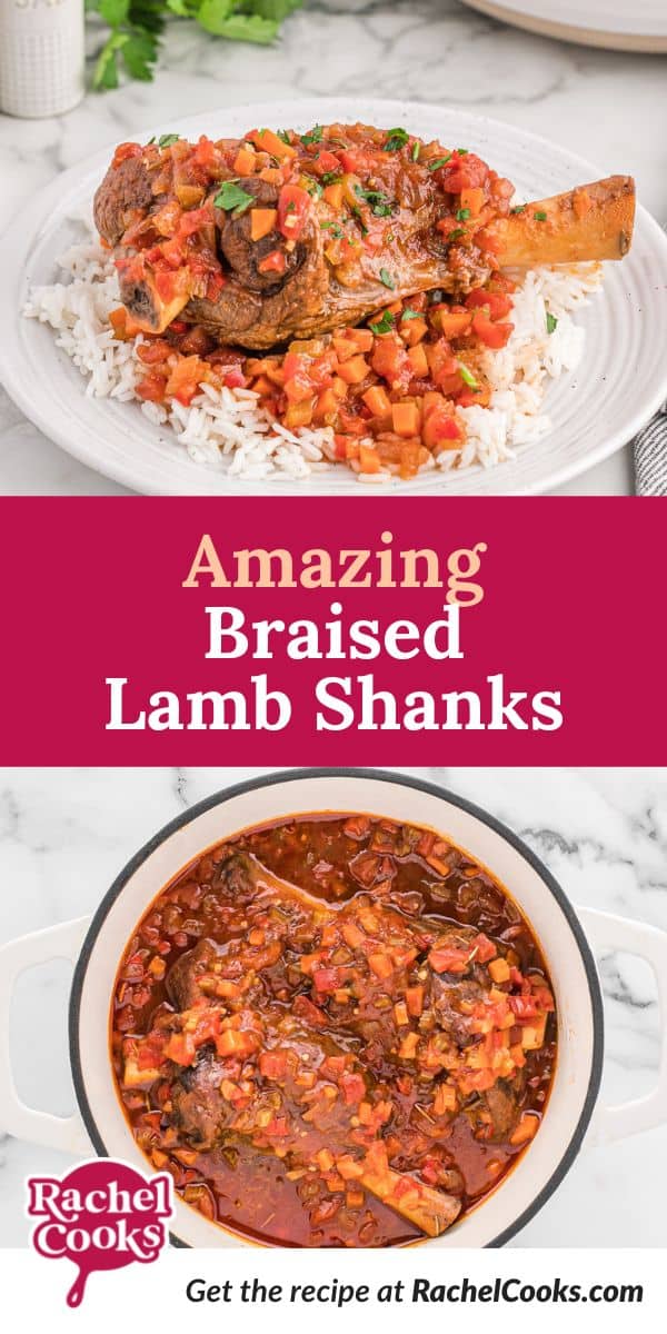 Lamb, text overlay reads "amazing braised lamb shanks."