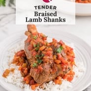 Lamb, text overlay reads "tender braised lamb shanks."