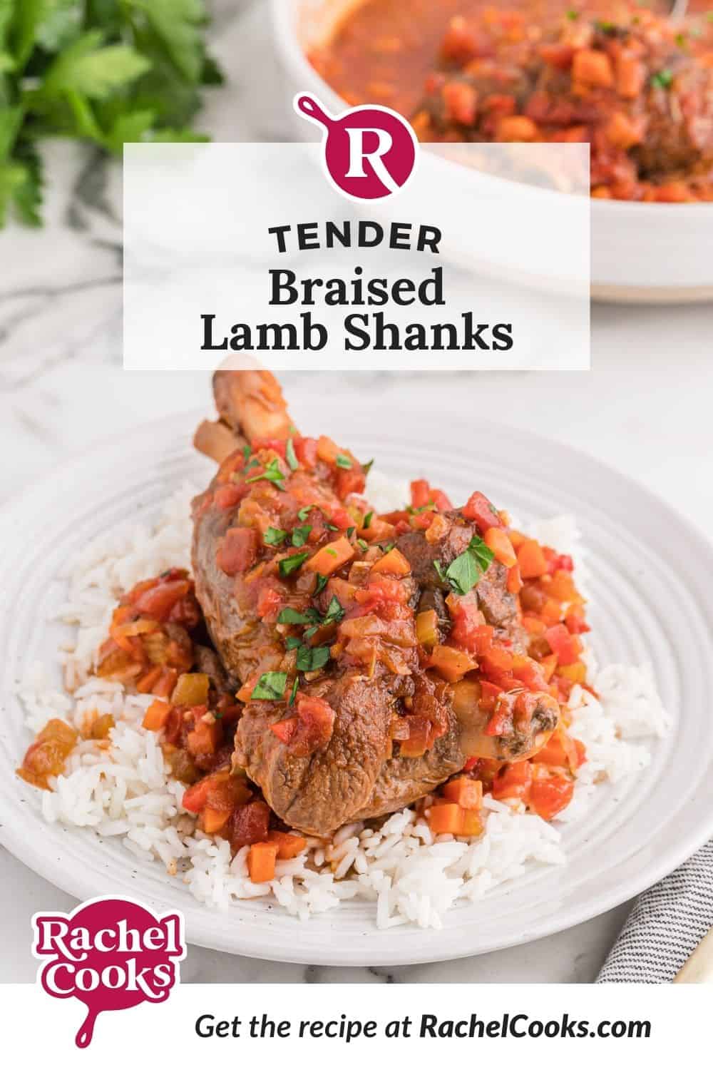 Lamb, text overlay reads "tender braised lamb shanks."