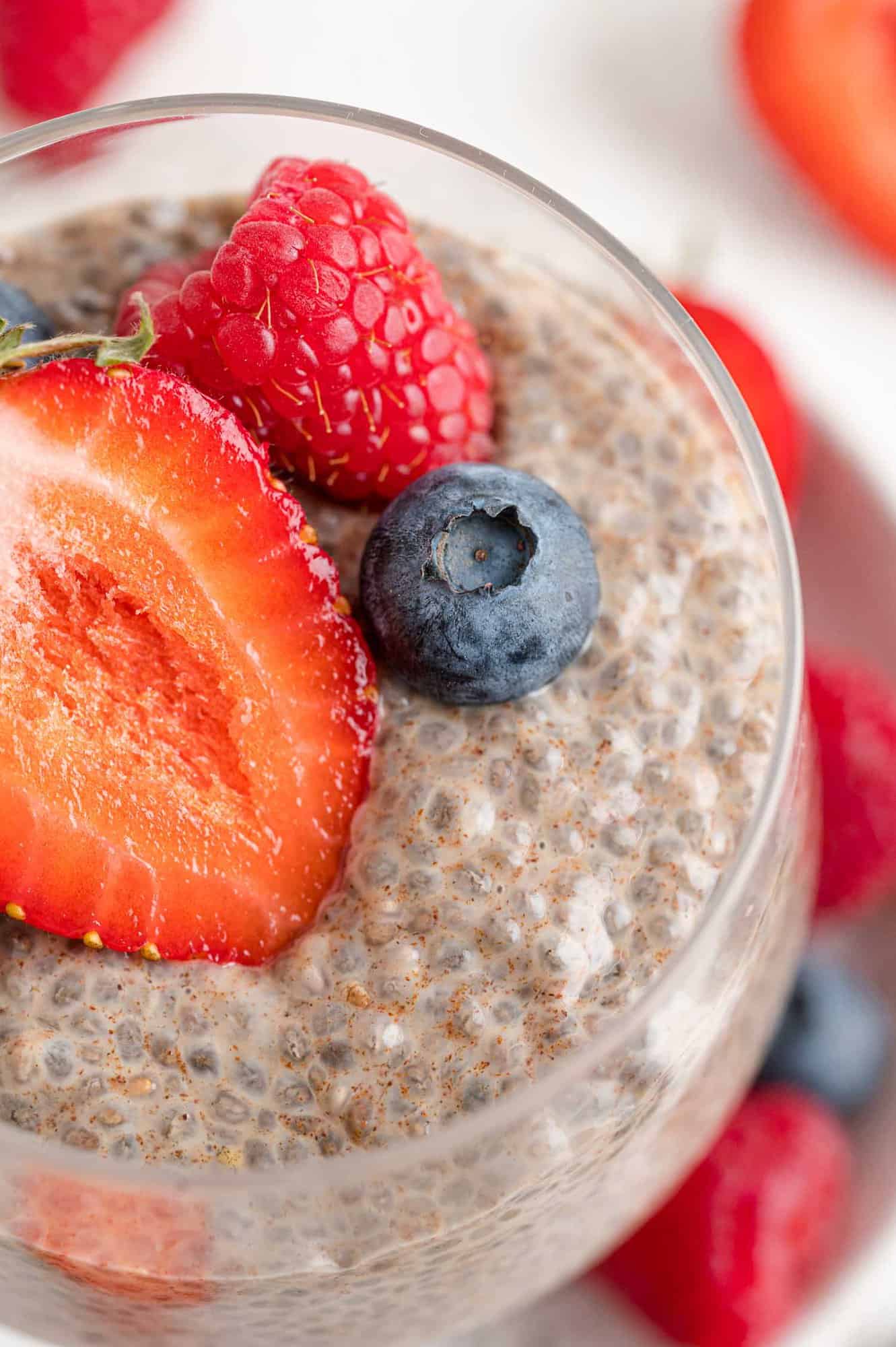 Close up of chia pudding with berries.