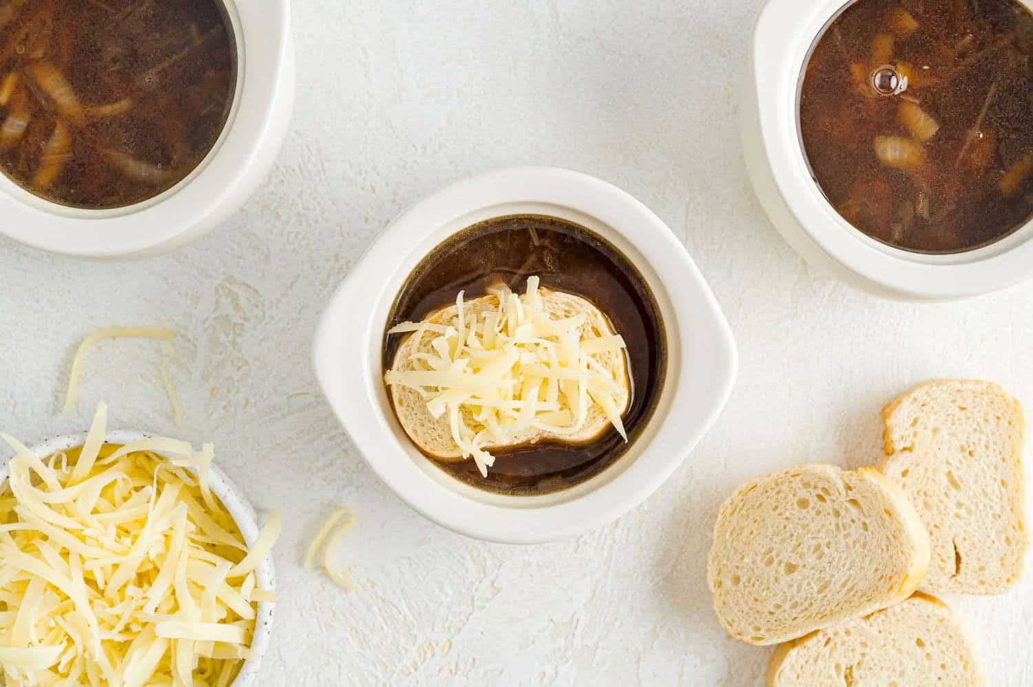 French onion soup, cheese not yet melted.