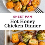 Chicken dinner with text overlay that reads "sheet pan hot honey chicken dinner."