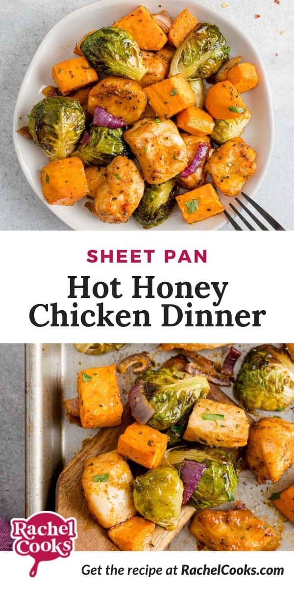 Chicken dinner with text overlay that reads "sheet pan hot honey chicken dinner."
