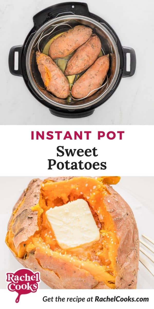 Sweet potato, text overlay reads "instant pot sweet potatoes."