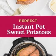 Sweet potato, text overlay reads "perfect instant pot sweet potatoes."