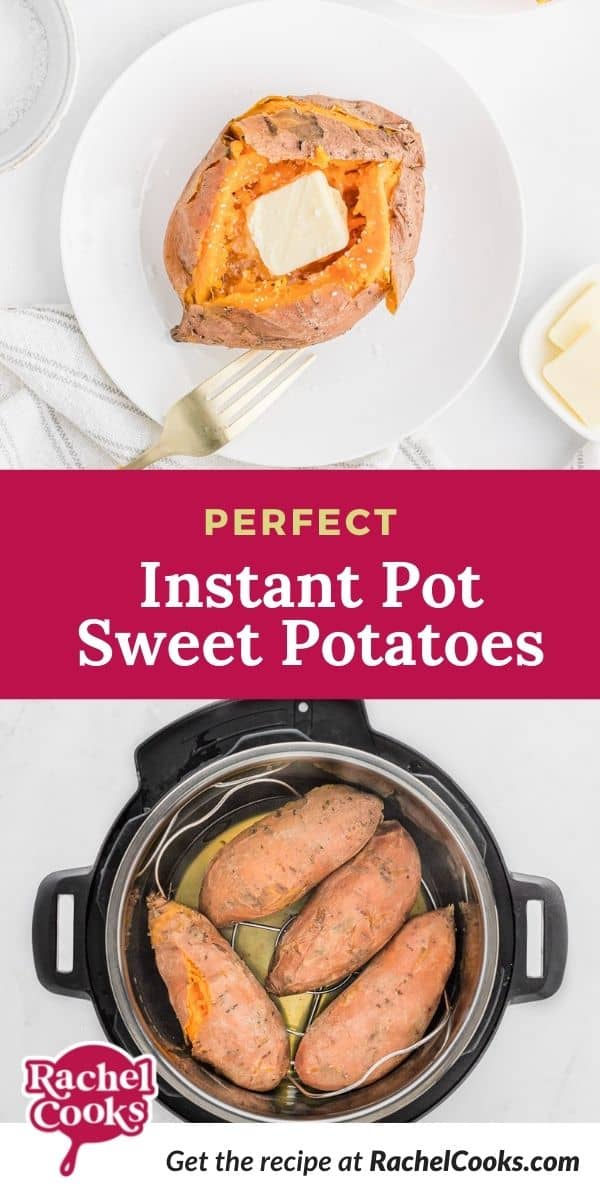 Sweet potato, text overlay reads "perfect instant pot sweet potatoes."