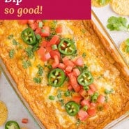 Dip, text overlay reads "refried bean dip - so good!"