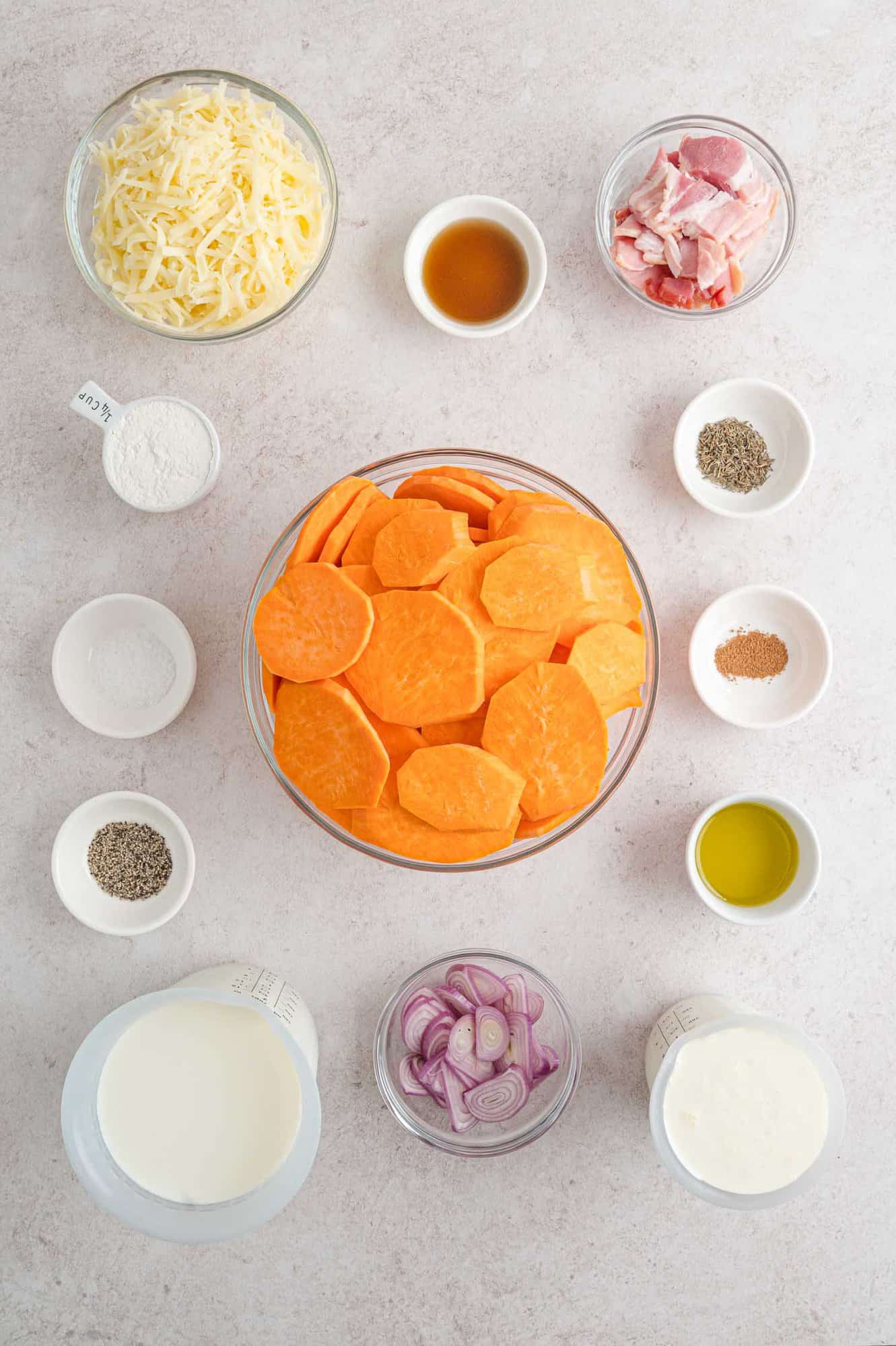 Ingredients needed for recipe including sweet potatoes.