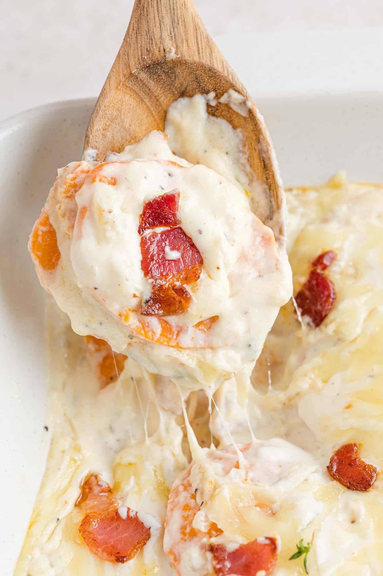 Scalloped sweet potatoes on a spoon with thick sauce and bacon.