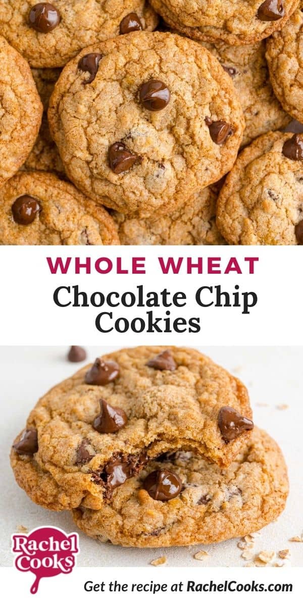 Cookies, text overlay reads "whole wheat chocolate chip cookies."