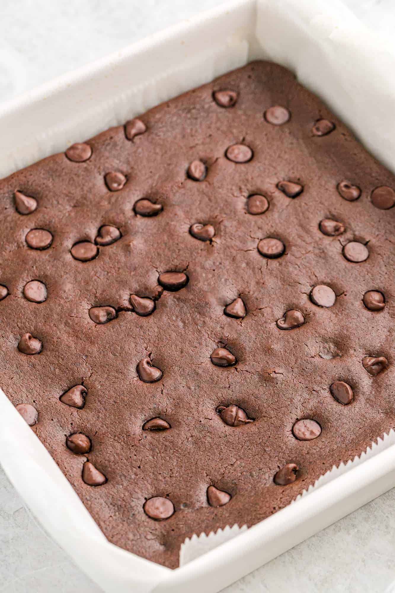 Baked brownies in a pan.