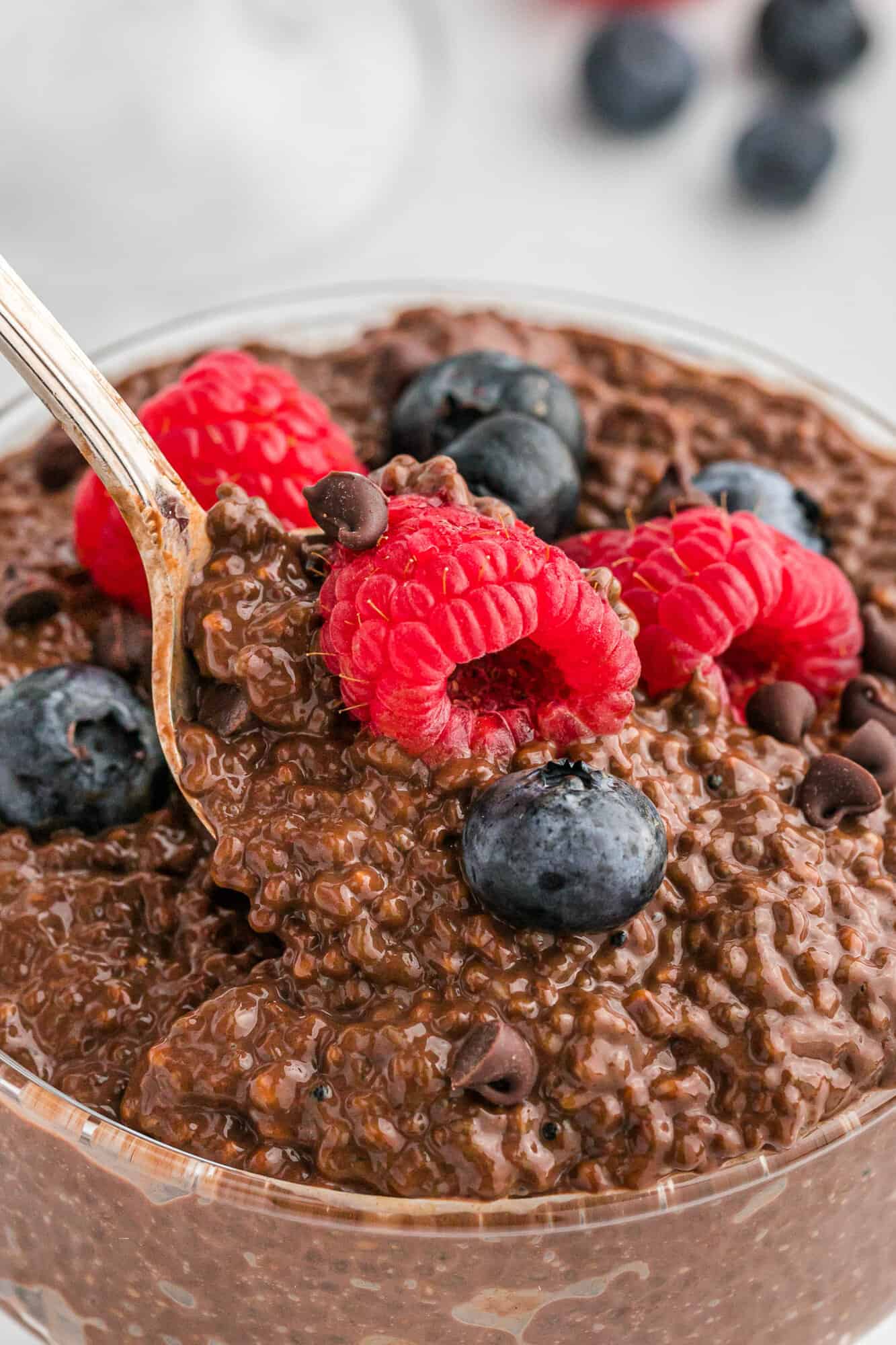 Chocolate chia pudding with spoon to show texture.