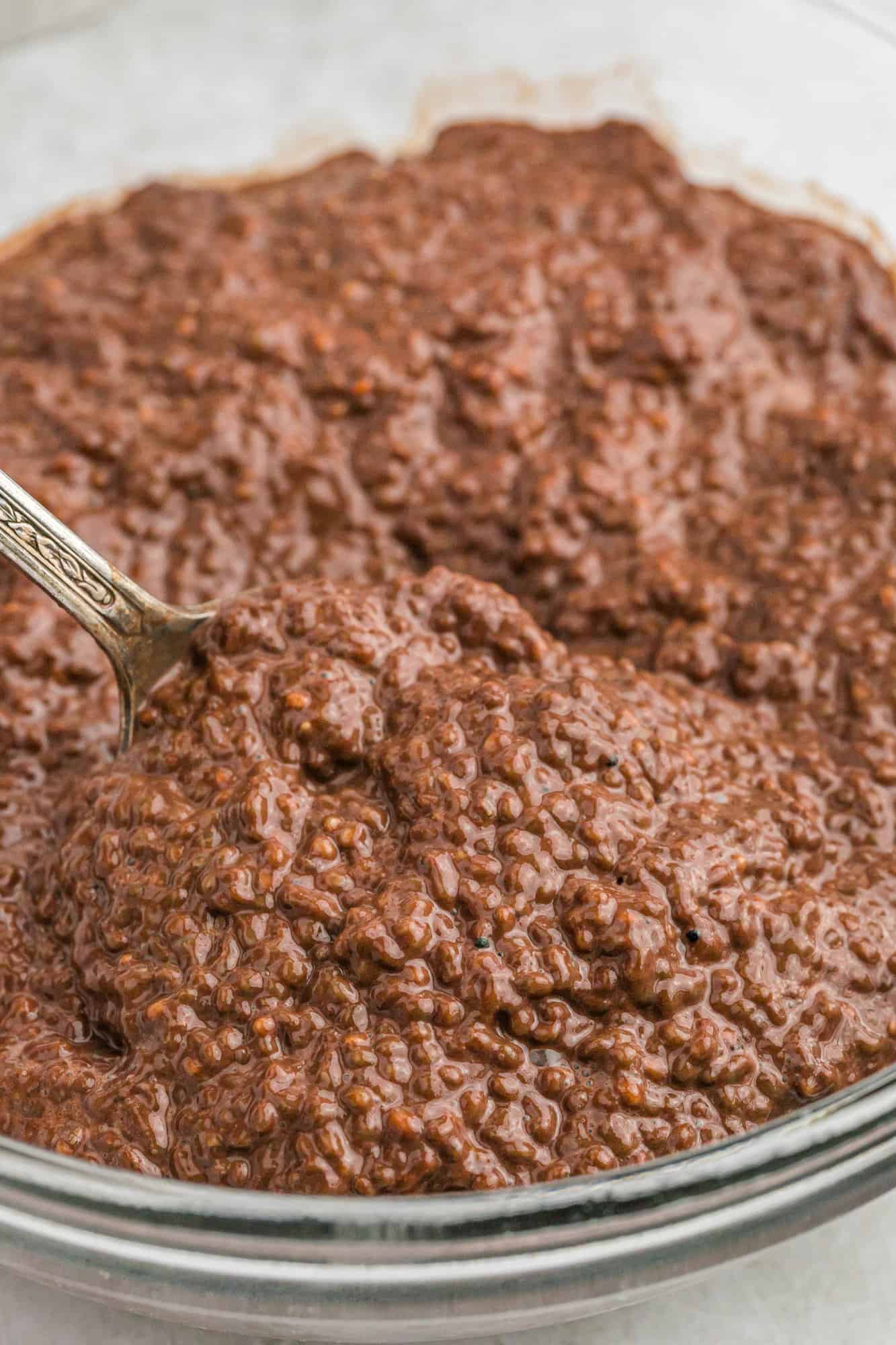 Close up of completed, gelled up chocolate chia seed pudding.