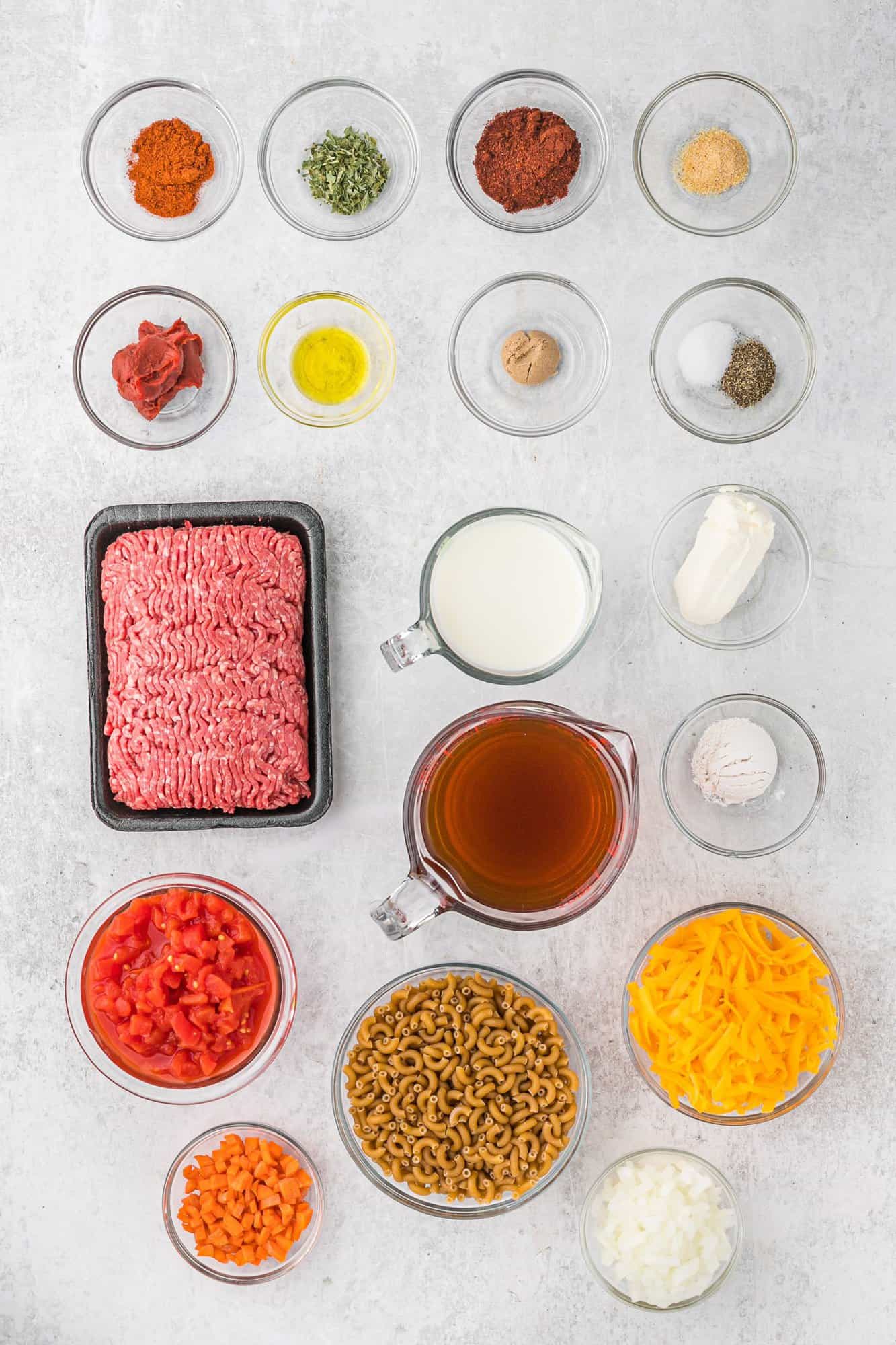 Ingredients needed for recipe including ground beef.