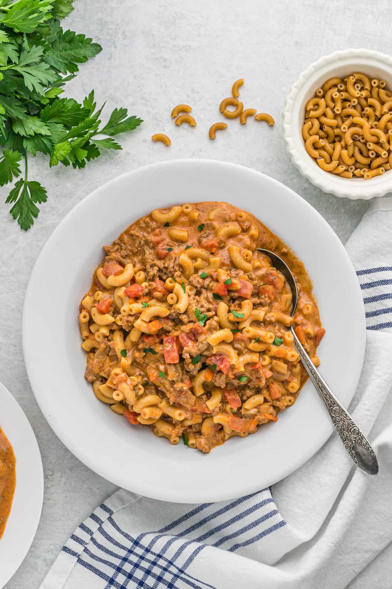 Pasta dish in a white serving dish.