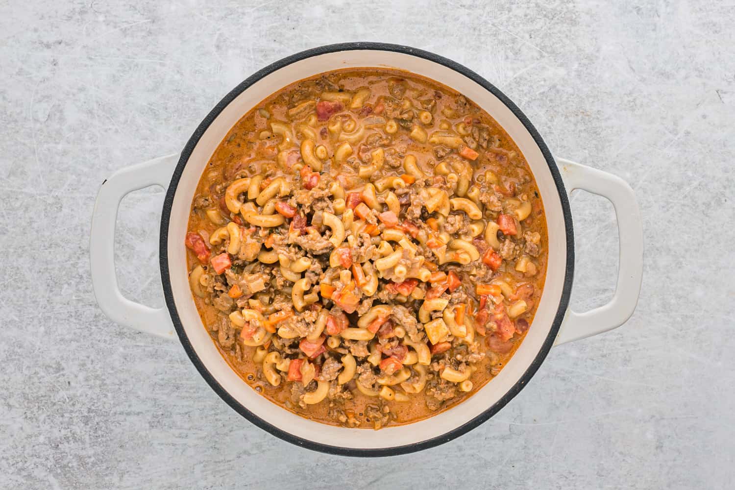 Hamburger helper after pasta is cooked, before cheese.