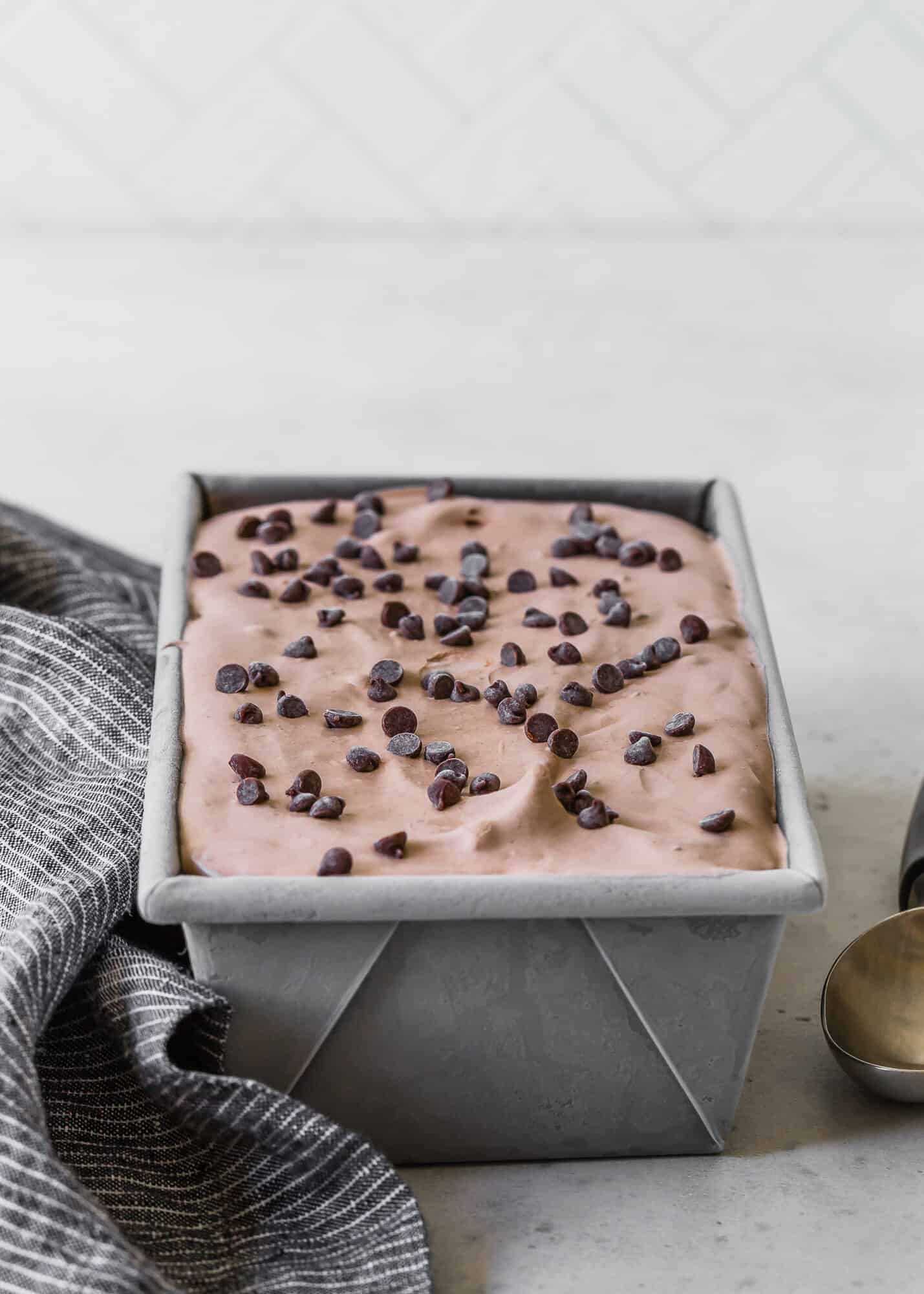 Chocolate ice cream in a loaf pan.