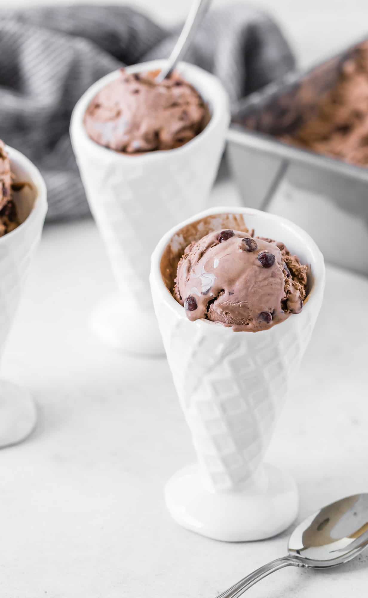 Chocolate ice cream with chocolate chips in a white bowl.