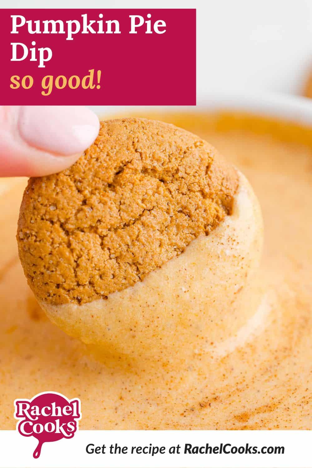 Close up of a gingersnap being dipped into pumpkin dip, text overlay reads "pumpkin pie dip, so good!"