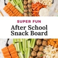 Colorful snacks, text overlay reads "super fun snack board."